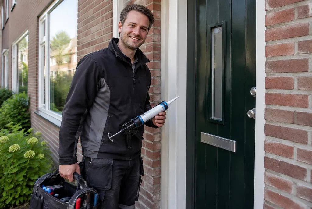 Vakman van Kitbedrijf Beekbergen bij de voordeur van een woning